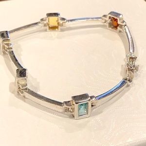 Vintage Sterling Silver Multi Color Multi Gemstone Station Bracelet